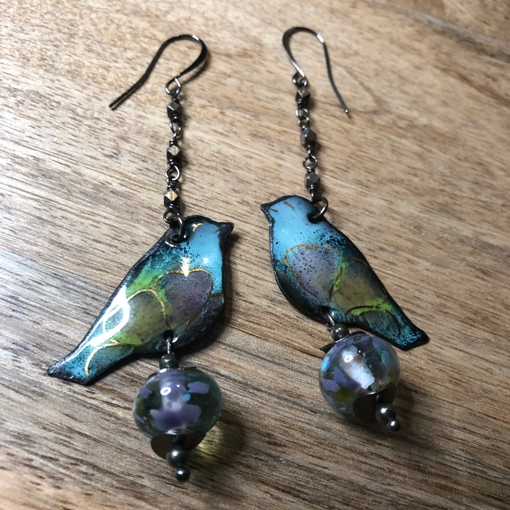 Enamel on Copper Bird Earrings with Lampwork Glass Beads